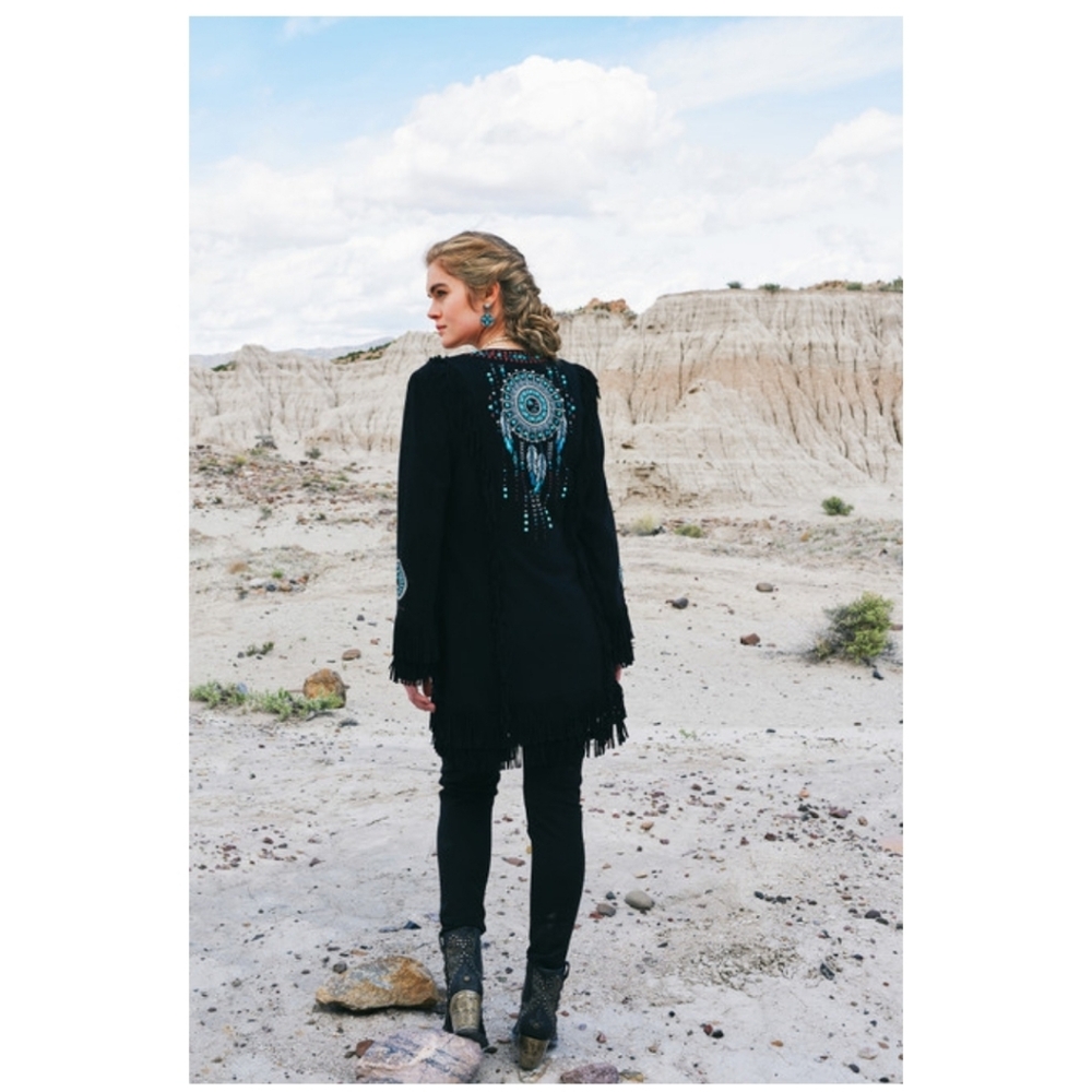 Double D Ranch Black Leather Jacket with Blue Stone and Embroidery Zuni Dreams